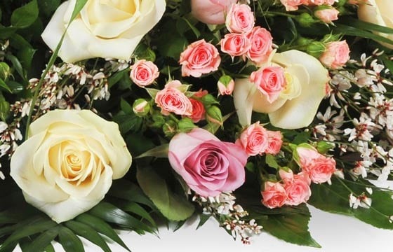 vue sur un ensemble floral rose, rosette et gypsophile