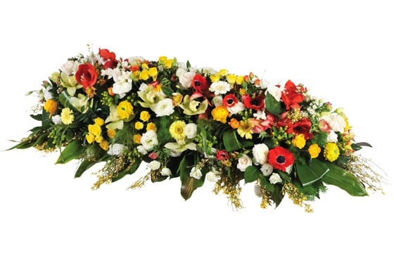 image de la composition de fleurs pour enterrement dans les tons jaune, rouge & blanc Comète