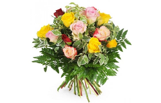 Bouquet rond de roses multicolores roses, jaunes & rouges - L'agitateur  floral