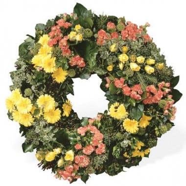 L'Agitateur Floral | image de la couronne de deuil jaune et rose du nom de témoignage éternel