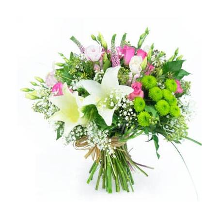 Bouquet rond lys blanc & roses roses | livraison de fleurs à domicile -  L'agitateur floral