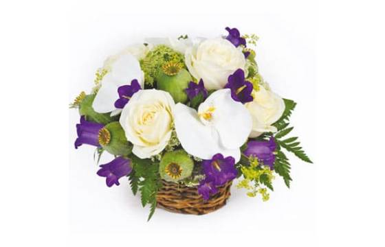L'Agitateur Floral | image du panier de fleurs dans les tons blanc et mauve Sourire