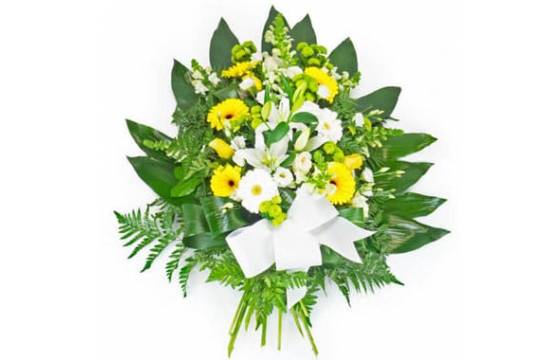 L'Agitateur Floral | image de la gerbe de fleurs de deuil dans les tons jaune et blanc