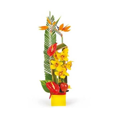 L'Agitateur Floral | image de la composition de fleurs en hauteur tons rouge, orange & jaune Tropique