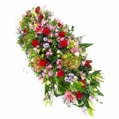 Image du Dessus de cercueil rose, mauve et rouge "Athéna" | L'Agitateur Floral