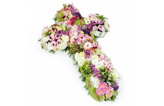 Image de la Croix de deuil de fleurs blanches & roses "Céphale" | L'Agitateur Floral