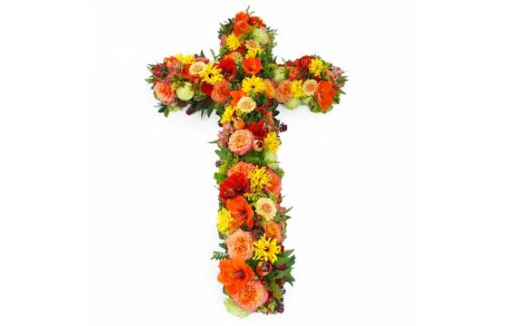 Image de la Grande croix de fleurs rouges, oranges & jaune "Céléos" |  L'Agitateur Floral
