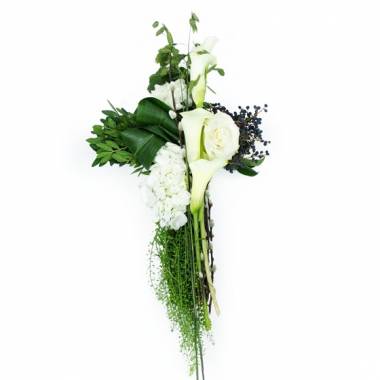 Image Croix de fleurs piquées tons blanc et verts "Mercure" | L'Agitateur Floral