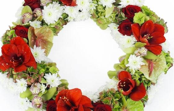 Image zoom de la Couronne de fleurs rouges & blanches "Apollodore" | L'Agitateur Floral