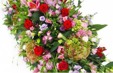 Zoom image du Dessus de cercueil rose, mauve et rouge "Athéna" | L'Agitateur Floral