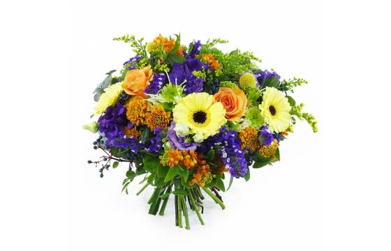 Image principale : Bouquet orange, jaune & violet "Amsterdam"| L'Agitateur Floral