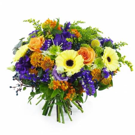 Image principale : Bouquet orange, jaune & violet "Amsterdam"| L'Agitateur Floral