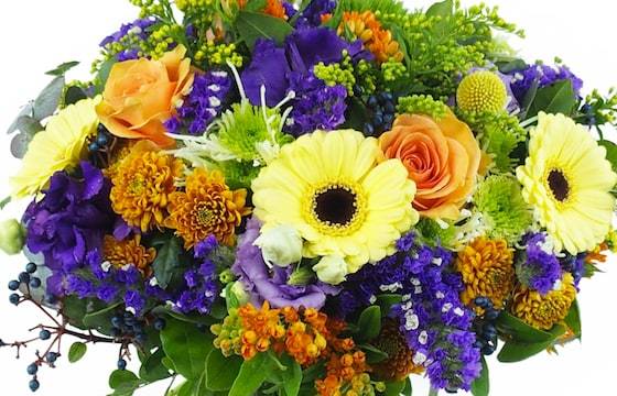 Zoom image principale : Bouquet orange, jaune & violet "Amsterdam"| L'Agitateur Floral