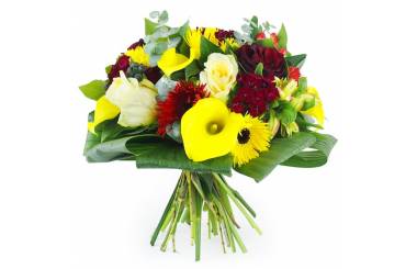 Image principale : Bouquet rond jaune & rouge "Madrid"| L'Agitateur Floral