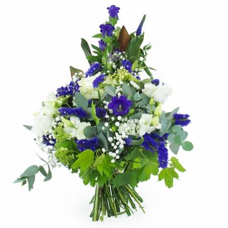 image de la Gerbe de fleurs à la main blanche et bleu "Poséidon" | L'Agitateur Floral