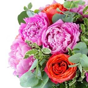 Image zoom gauche du bouquet de rose & pivoine "Orange Pivoines" | L'Agitateur Floral