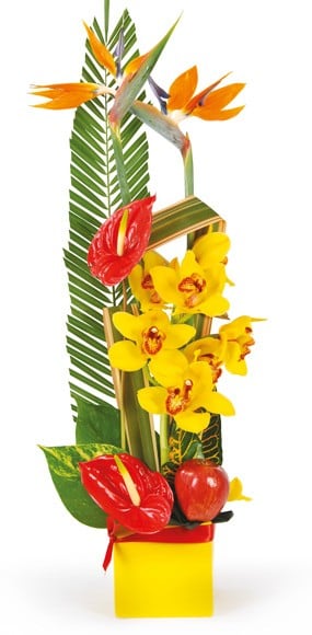 Compositon de fleurs exotiques tons jaune, rouge, orange Tropique -  L'agitateur floral