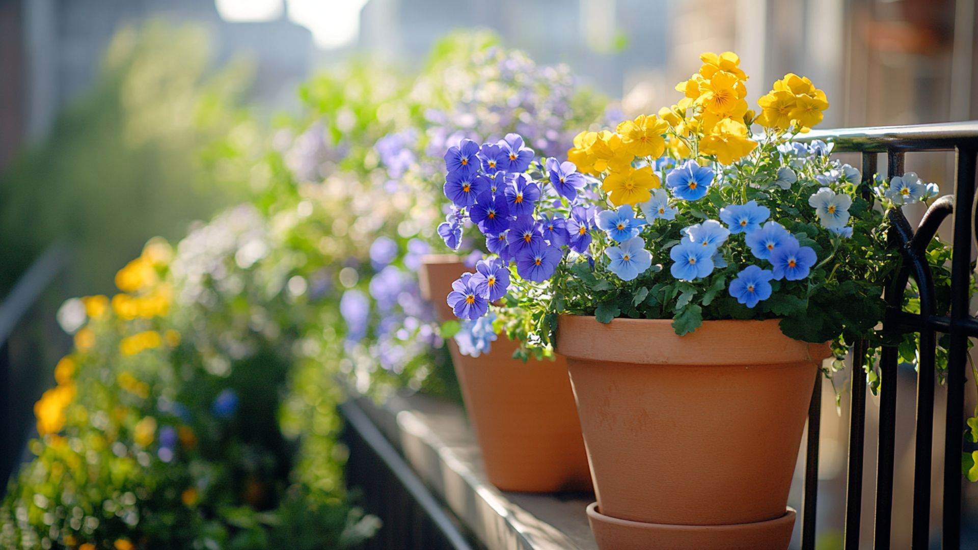 Aménagement fleurs printemps balcon urbain avec pots jardinières myosotis pensées colorées