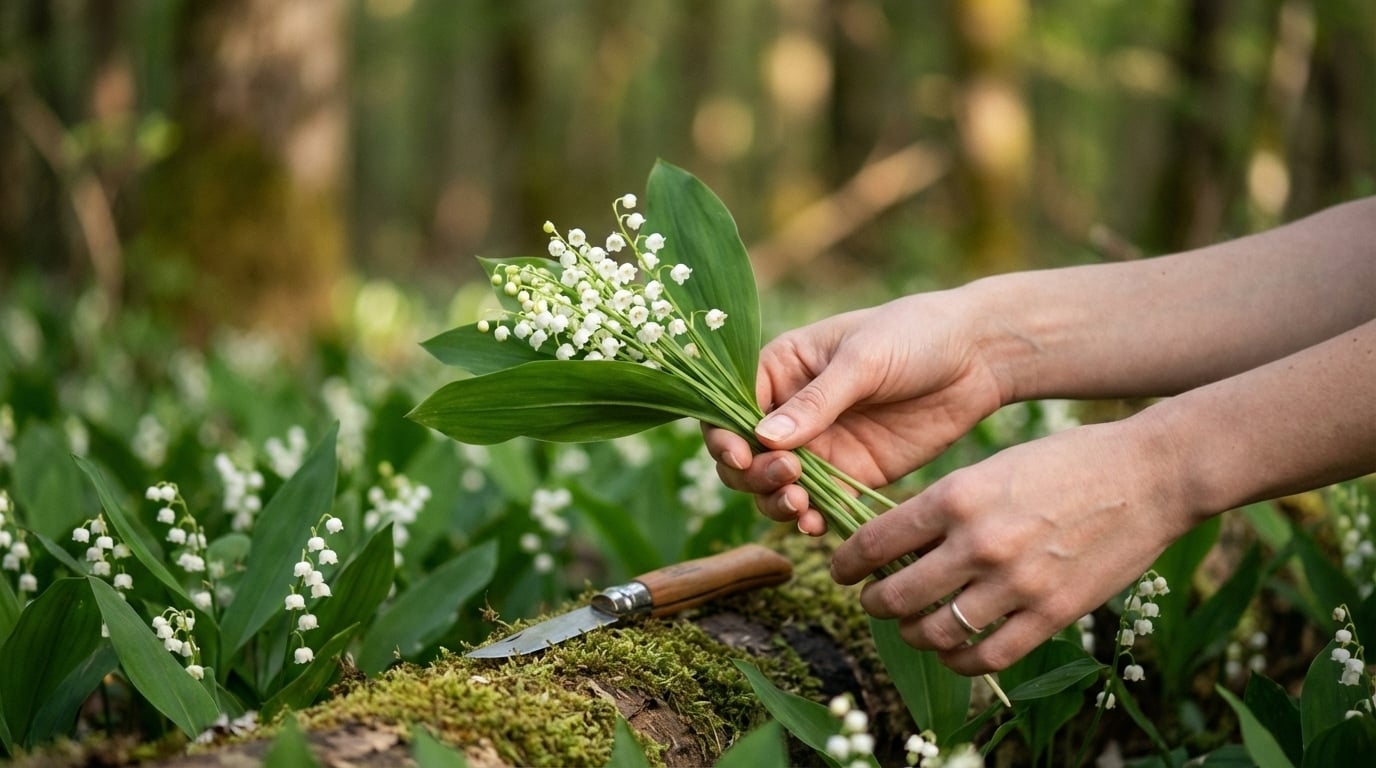 Cueillette muguet forêt mains femme printemps