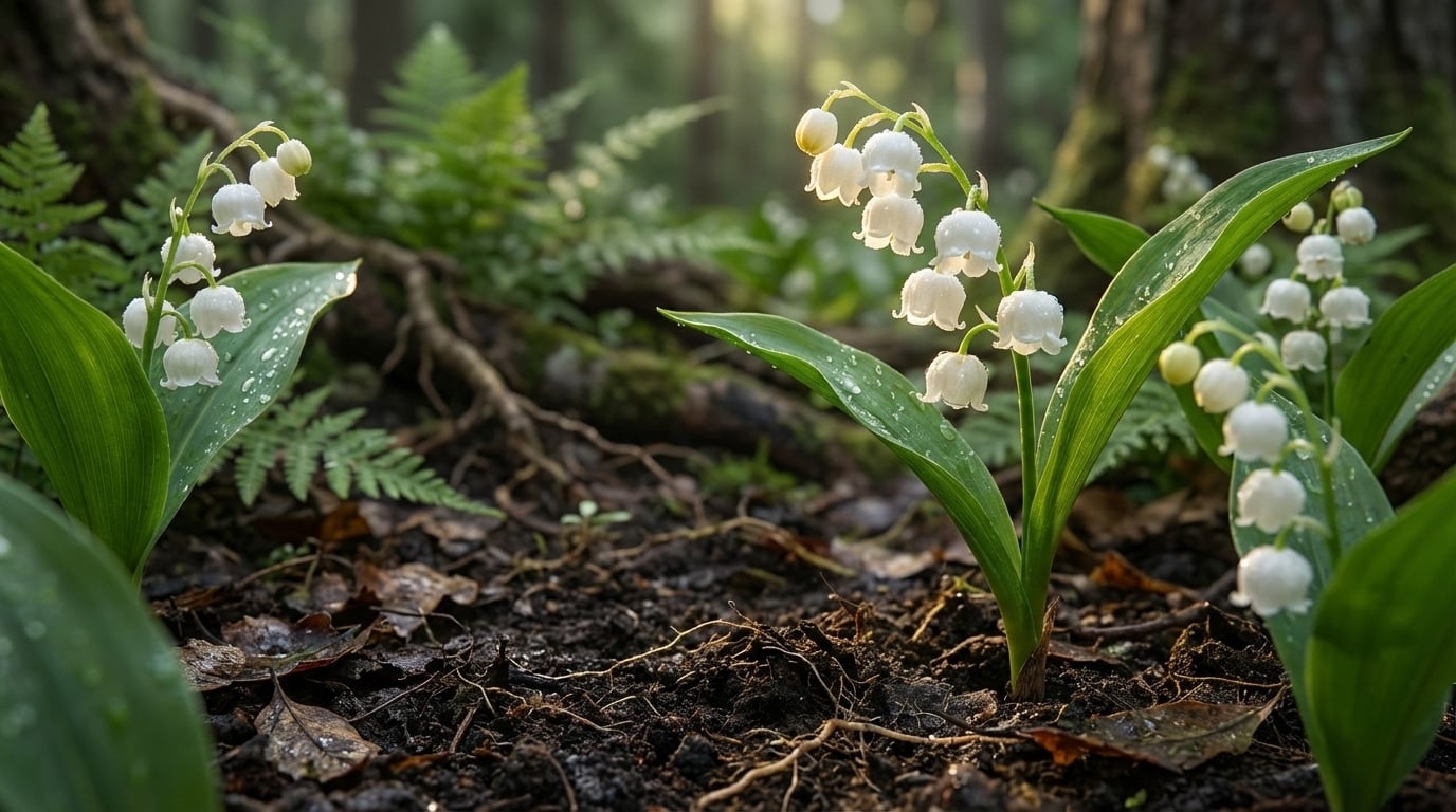 Muguet clochettes blanches sol humifère forêt ombragée