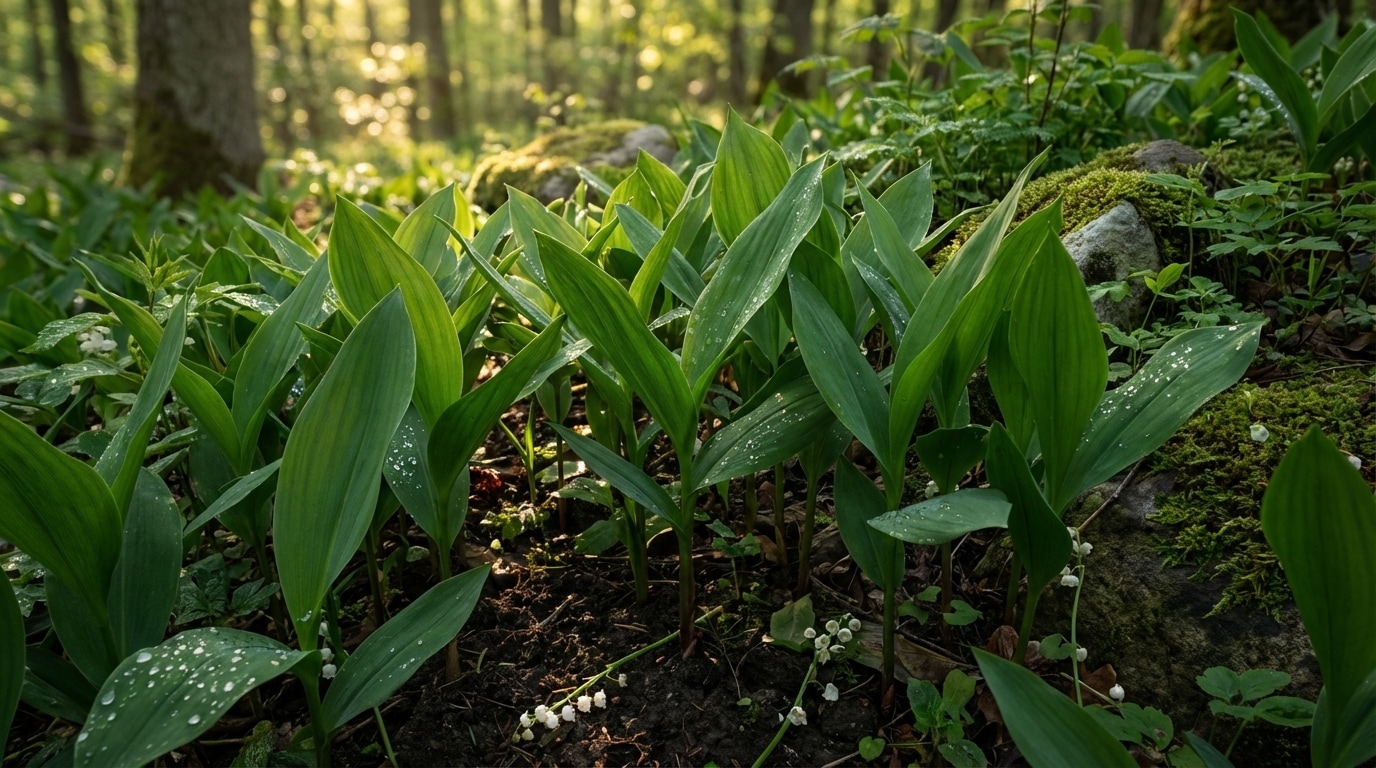 Feuilles de muguet vertes après floraison printemps jardin