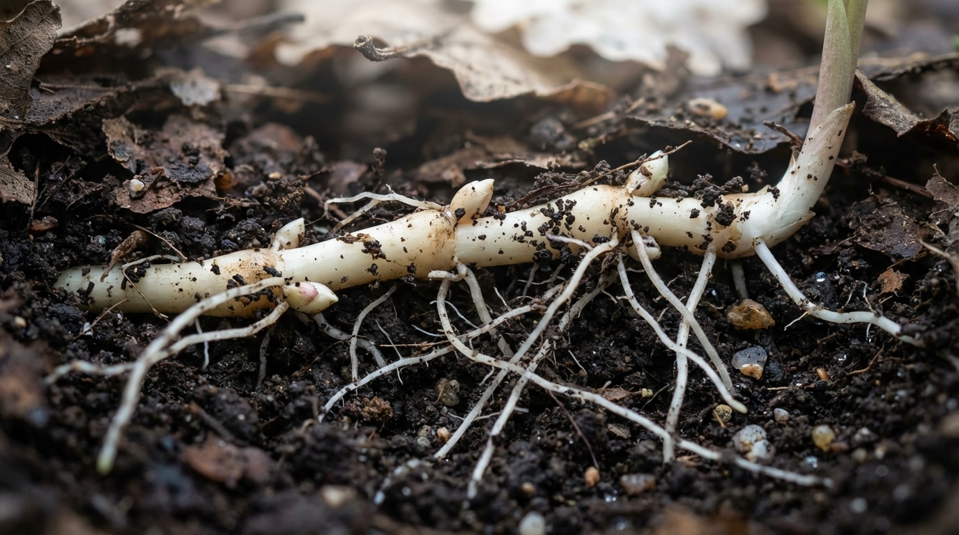 Rhizomes de muguet souterrains avec griffes et racines