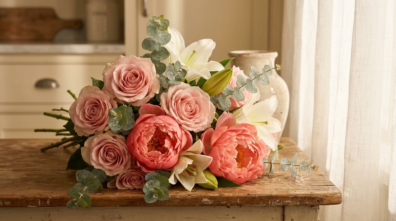 Bouquet roses pivoines fête des mères symbolique florale