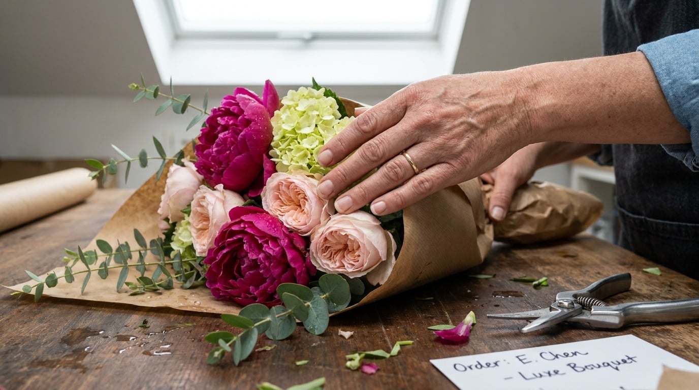 Fleuriste artisanal confectionne bouquet main fraîcheur qualité