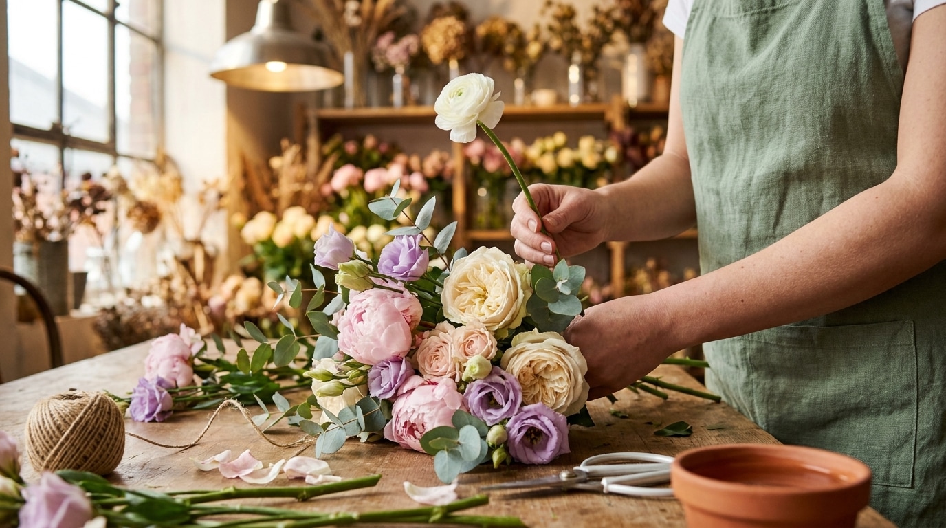Composition mixte roses pivoines lisianthus bouquet artisan fleuriste