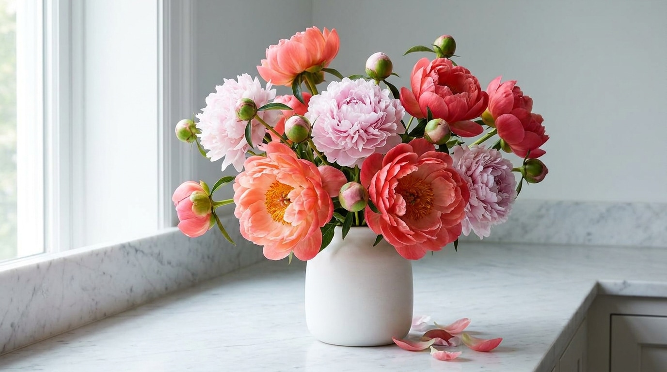 Pivoines printanières corail Sarah Bernhardt en bouquet