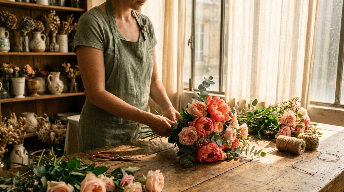 Fleuriste artisan compose bouquet fête des mères