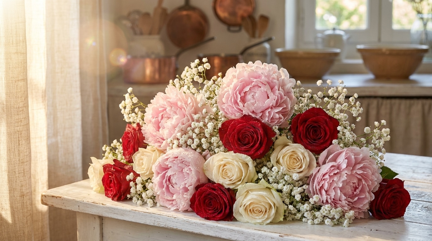 Pivoine et rose bouquet fête des mères printemps
