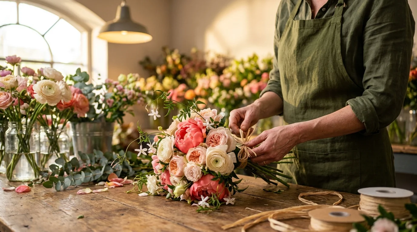 Fleuriste artisan compose bouquet main fête mères