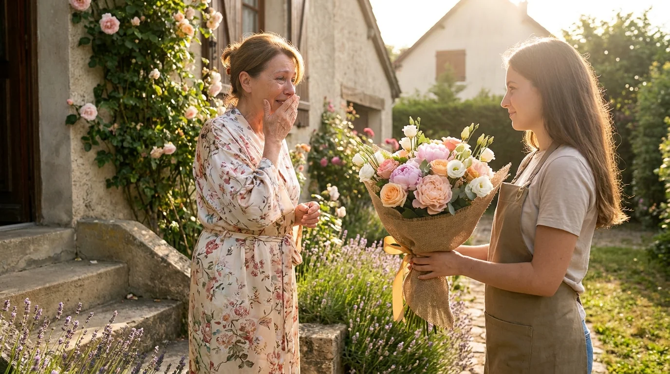 Maman reçoit bouquet fleurs fête des mères émotion