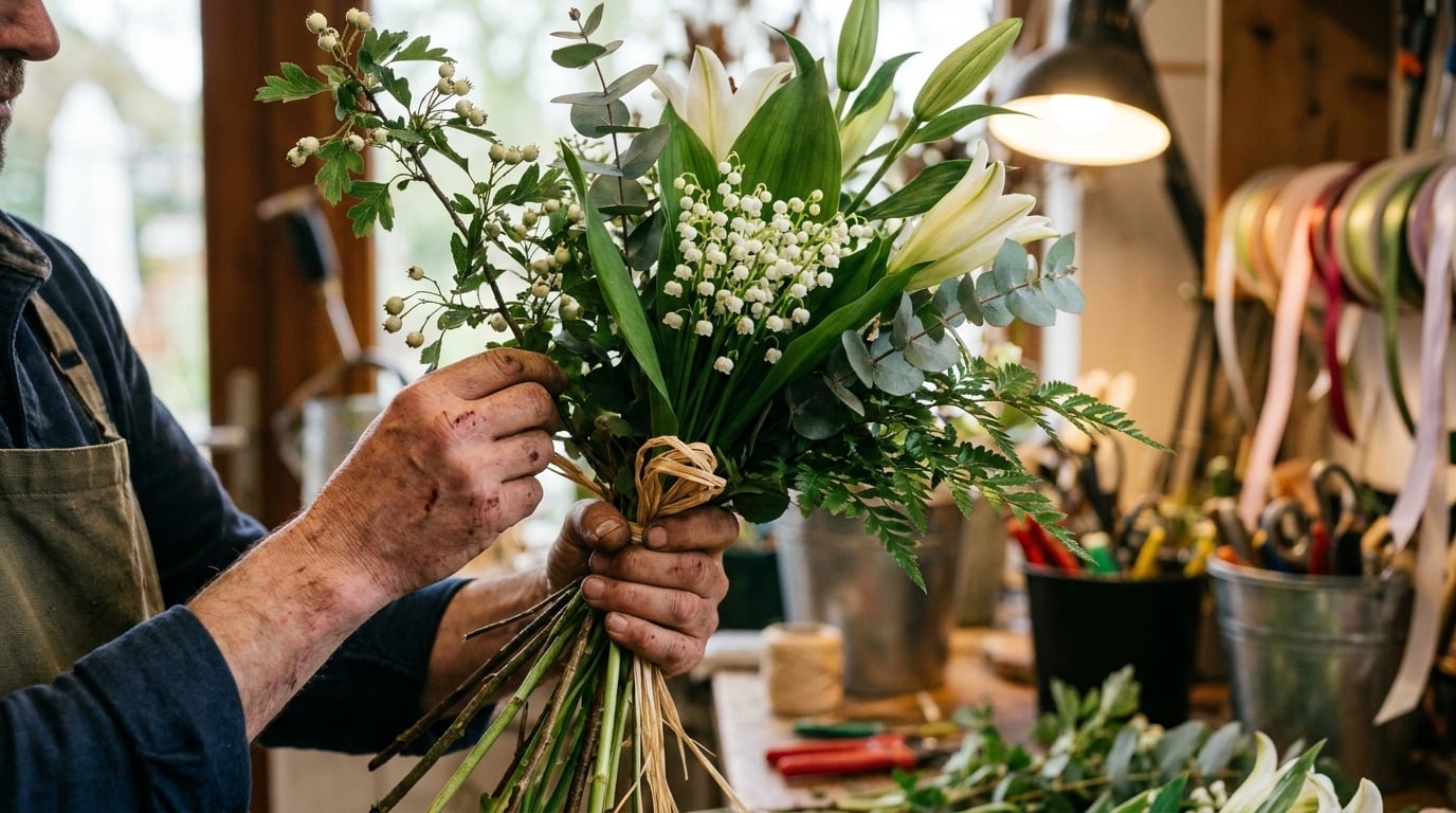 Bouquet naissance mai muguet lis artisan fleuriste