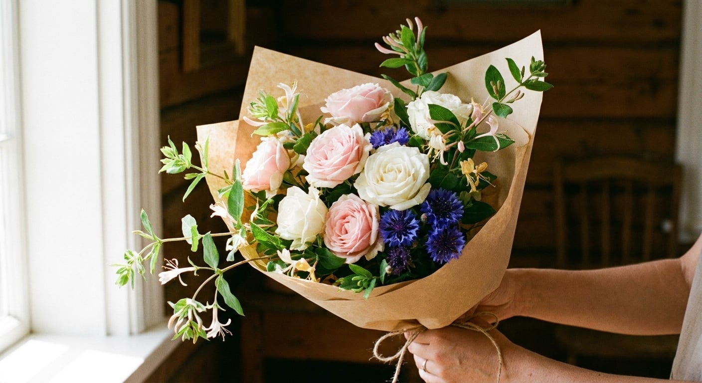 Bouquet rose chèvrefeuille bleuet fleurs juin saisonnières