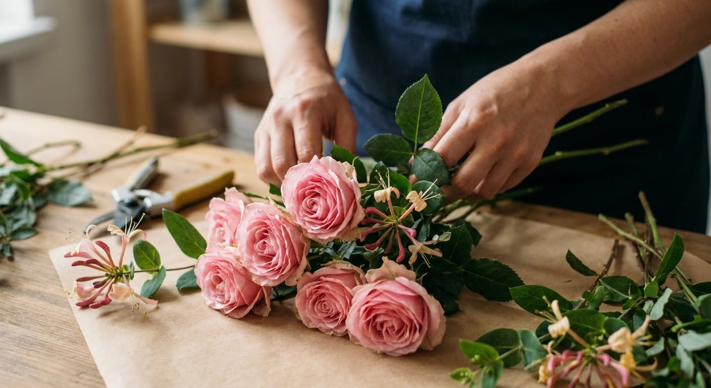 Fleuriste artisan créer bouquet juin roses fraîches