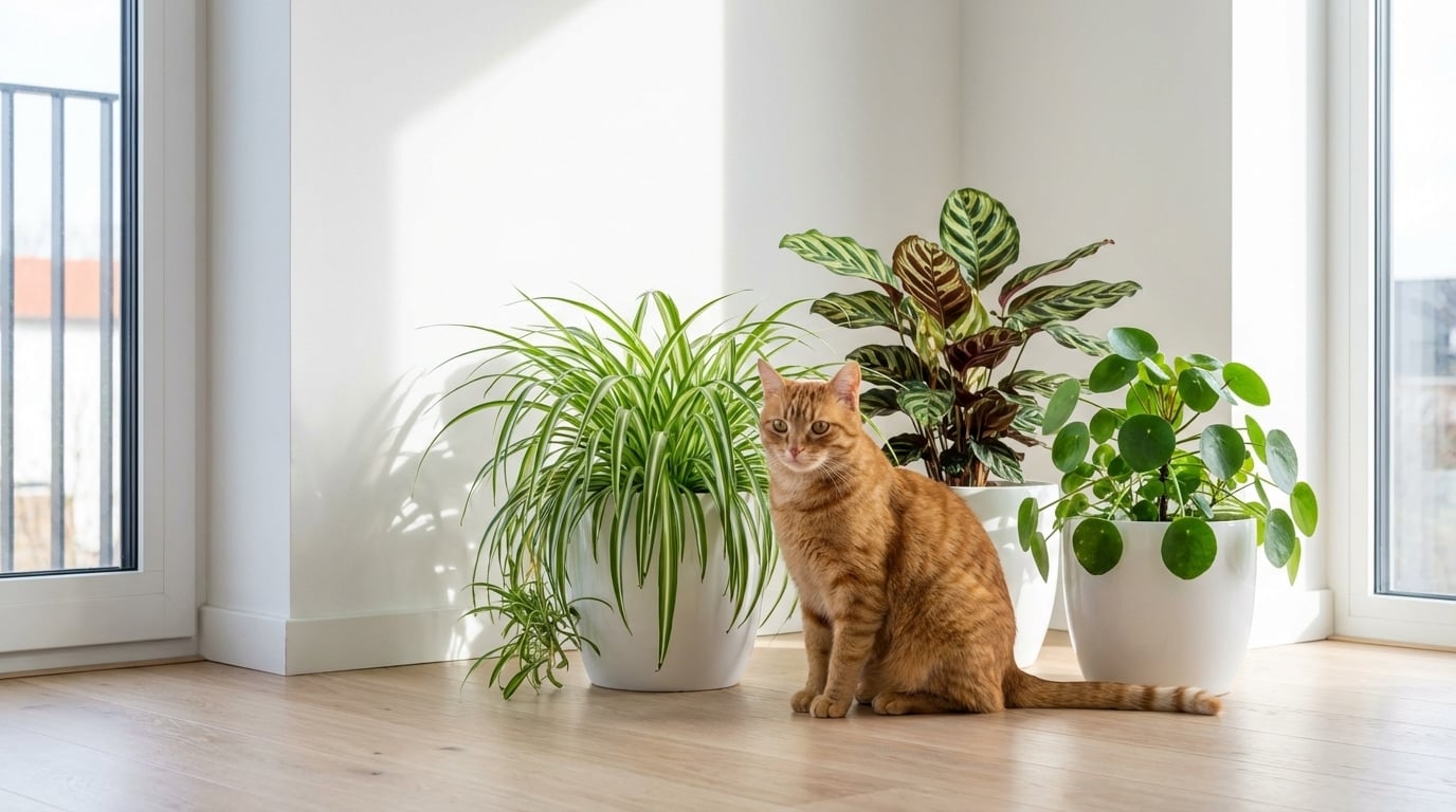 chat roux plantes vertes sécurisées salon moderne