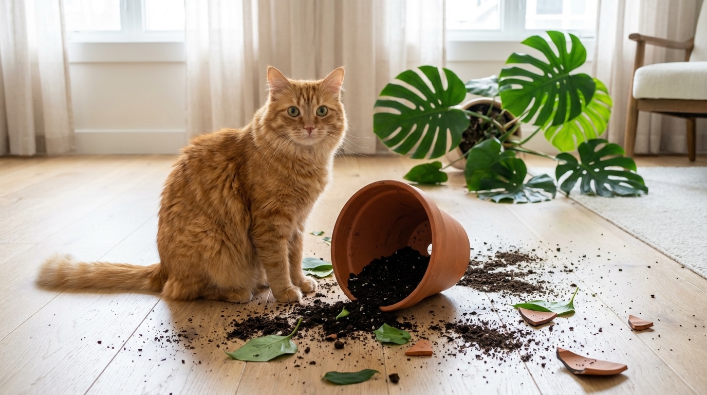 Chat grattant terre pot plante intérieur
