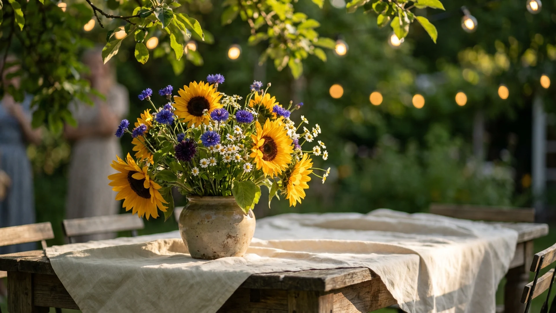 Bouquet sunflowers bleuets convivial été