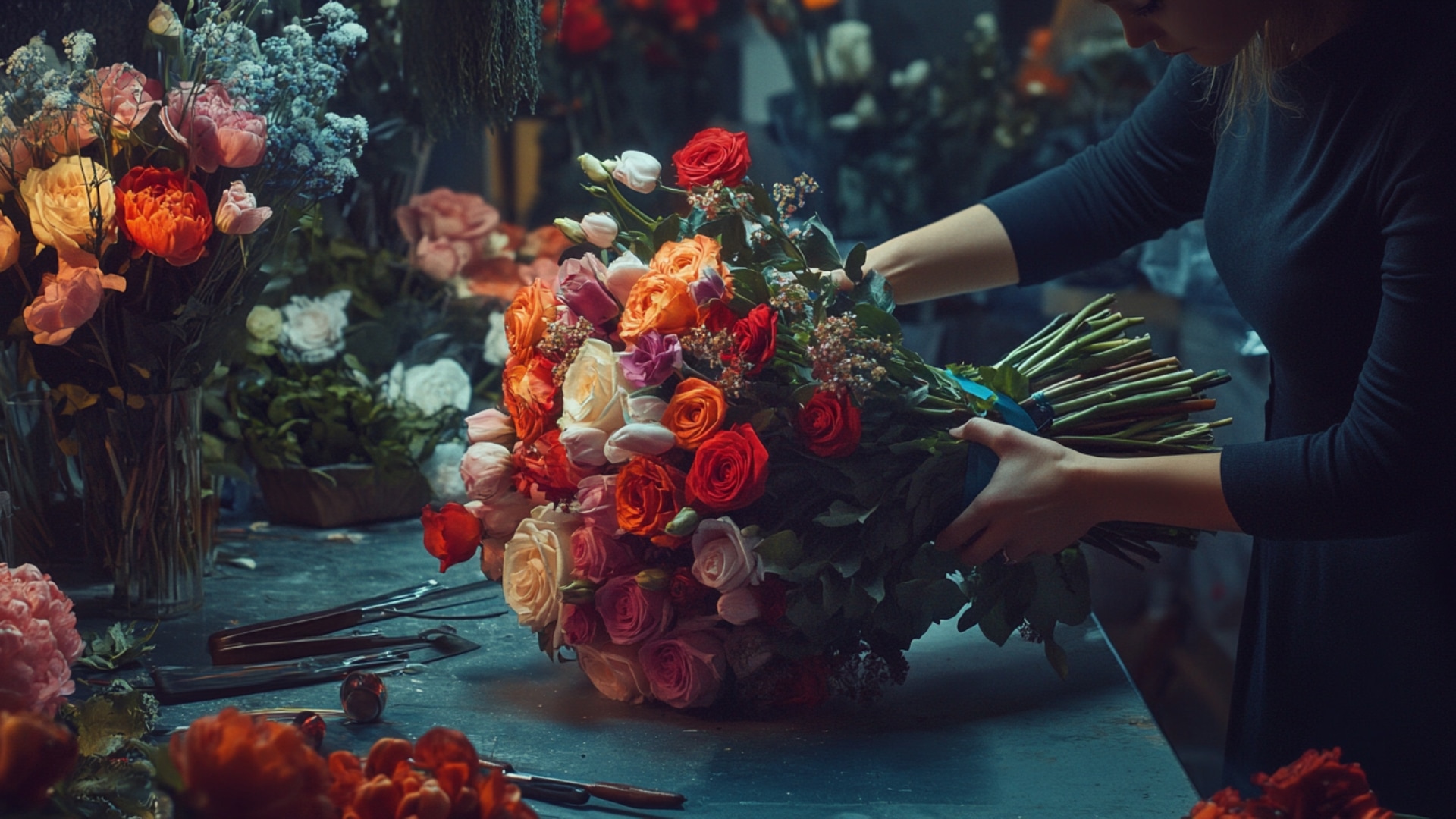 Fleuriste préparant un bouquet pour livraison