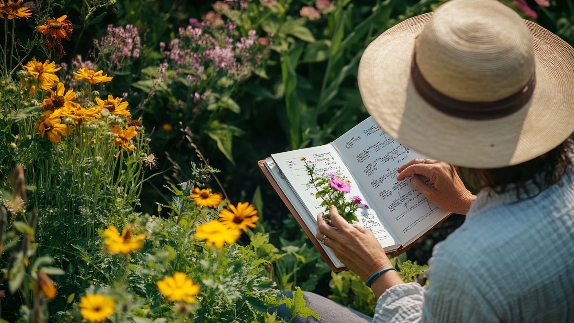 Jardinier expert sélectionnant des fleurs adaptées au soleil intense d'août