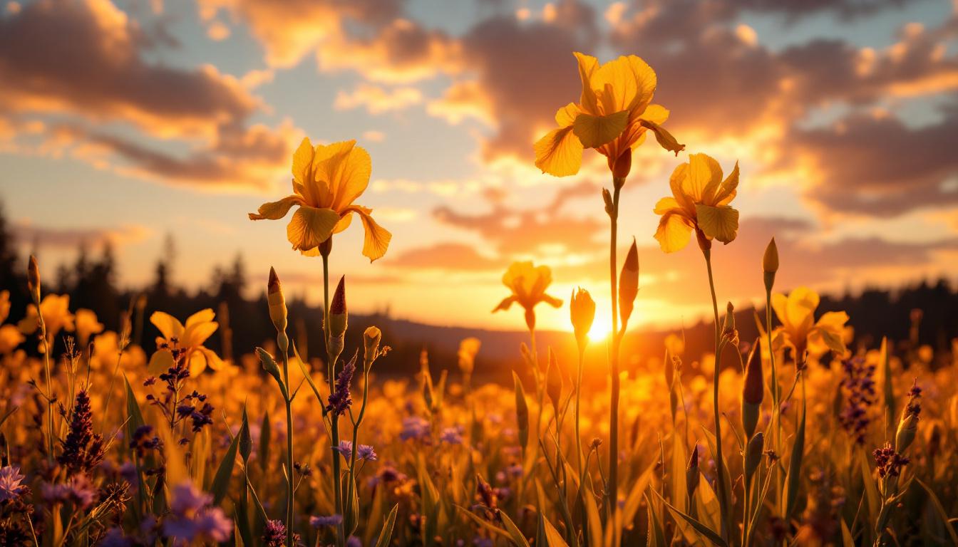 Champ d’iris jaunes des marais à la lumière dorée au coucher du soleil