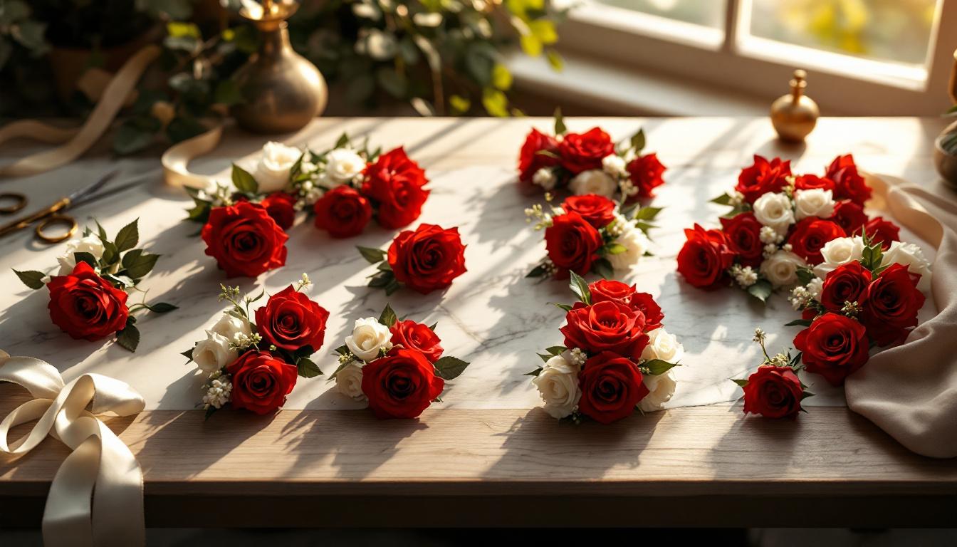 Roses rouges et blanches symboliques sur table de fleuriste