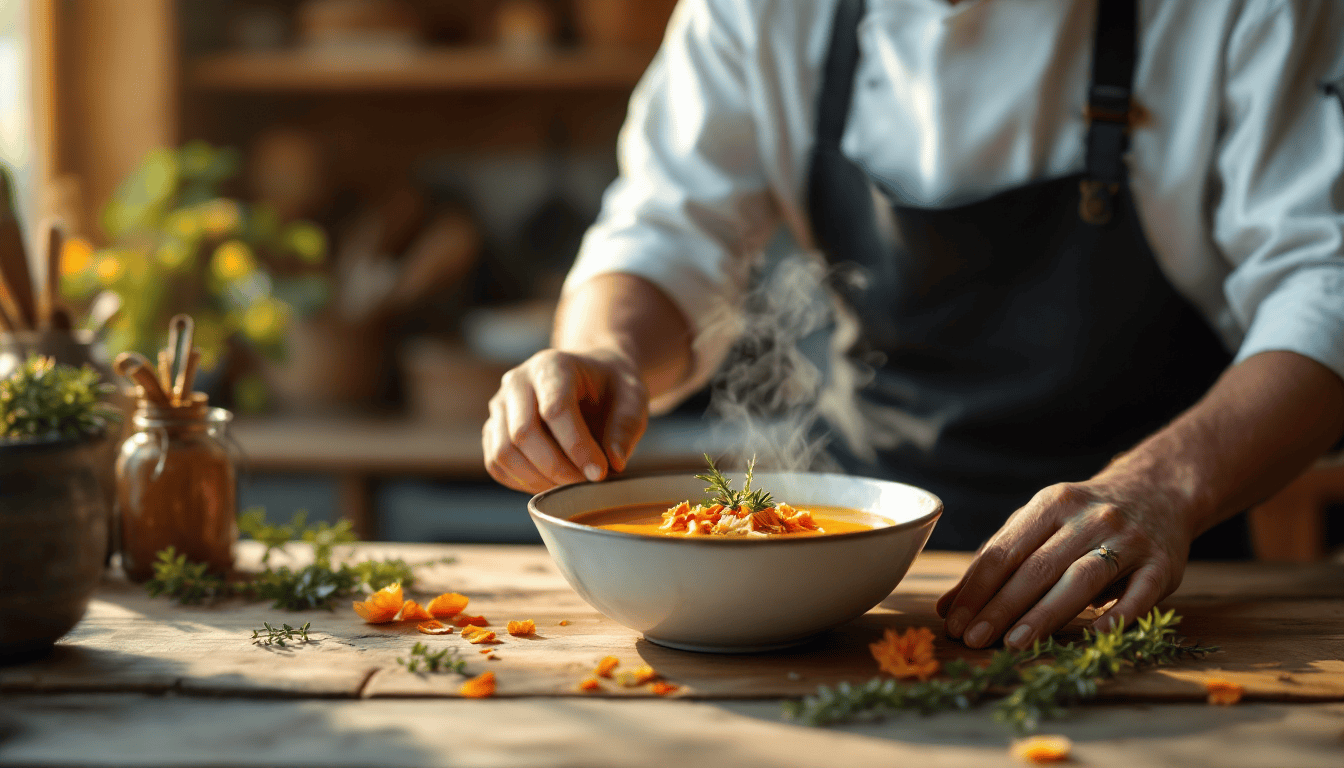 pétales de chrysanthèmes comestibles sur plat gastronomique automnal