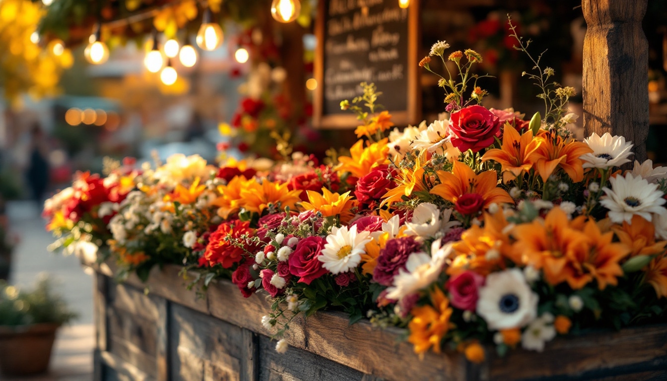 sélection de fleurs d'automne fraîches sur étalage de fleuriste