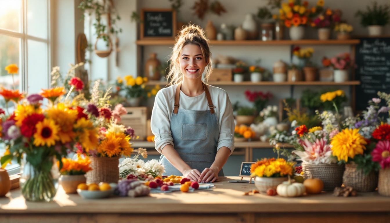 Fleuriste local présentant des bouquets de fleurs de saison en octobre