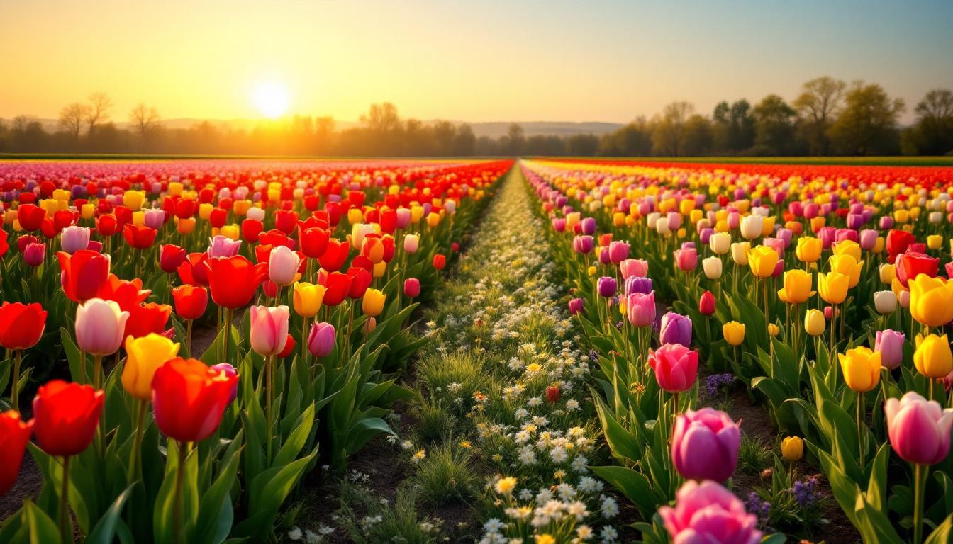 Champ de tulipes en pleine floraison printanière dans la campagne française