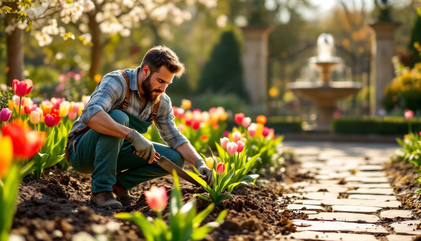 Jardinier français préparant soigneusement le terrain et entretenant les tulipes