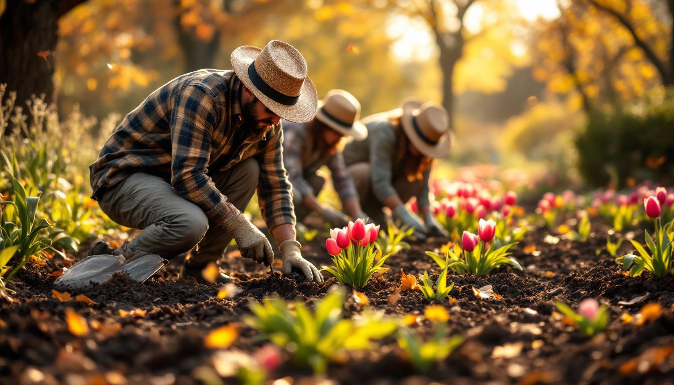 Jardiniers français en train de planter et protéger les bulbes de tulipes à l'automne